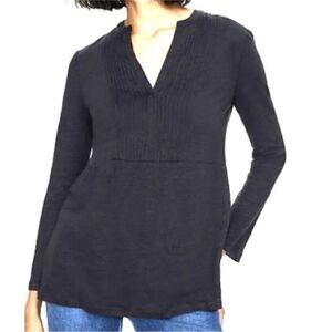 Boden Linen Pintuck Notch V Neck Jersey 3/4 Sleeve Top Navy Size Medium